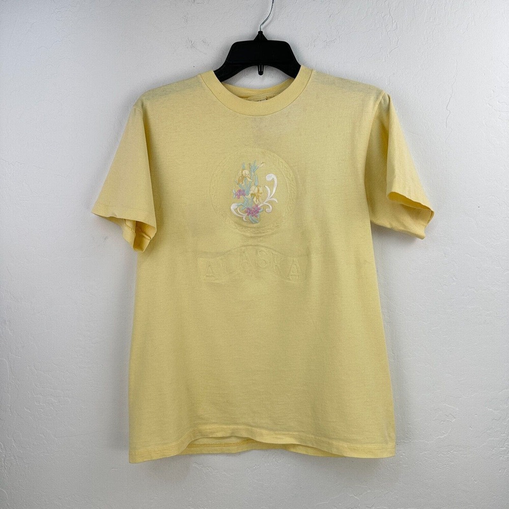 Vintage Anvil Tshirt Womens Small Yellow Alaska Embossed Floral Short Sleeve